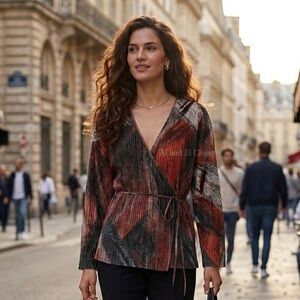 ZARA Abstract Wrap Blouse Women’s S Tie Waist V-Neck Pleated New With Tag